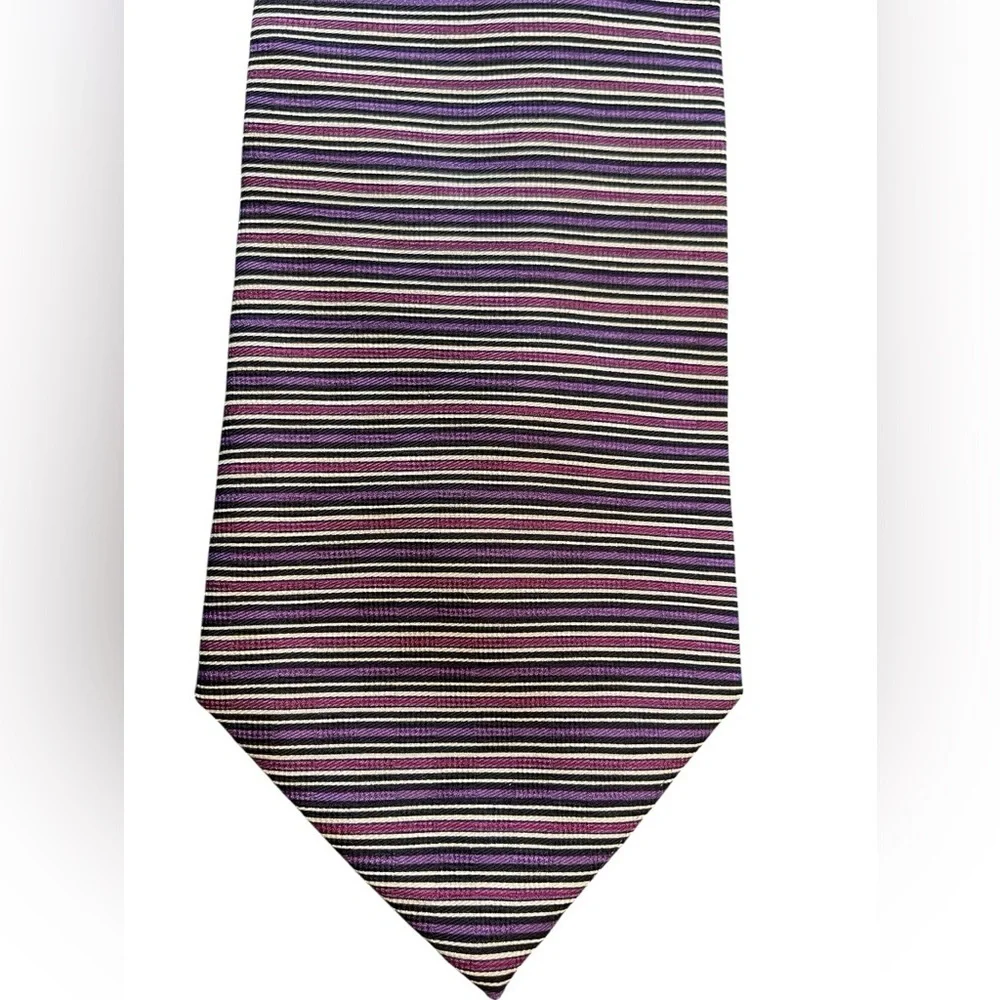 💜🩷JOHN HENRY Striped Black, Purple, Pink and Tan Men’s Tie. Pure Silk.